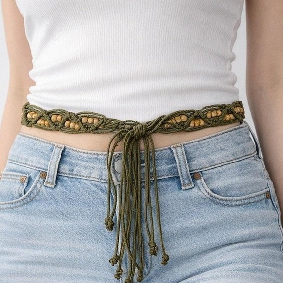 Accessories - Vintage Boho Macrame Belt Olive Green Cord Wooden Beads Tassel Tie Waist Belt
